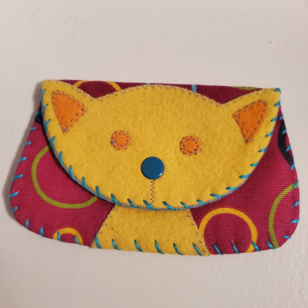 Pink and Yellow Cat Small Flap Pouch / Wallet / Card Holder